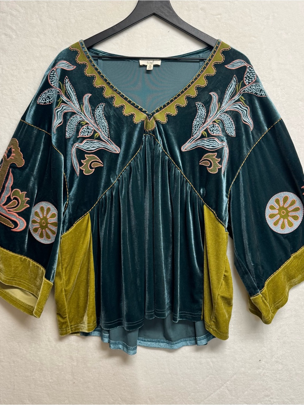 EASEL WOMENS TOP Medium EMBROIDERED DETAILING VELVET BABYDOLL TUNIC TEAL